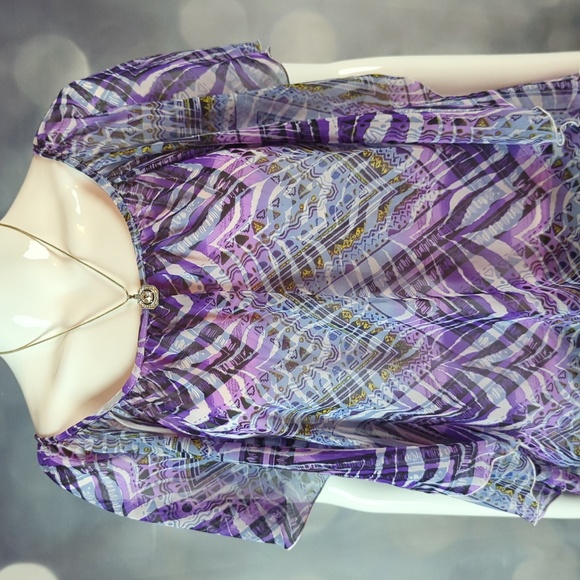 Cato Women's sz M Flutter Sleeves Abstract Purple Print Lined Top - Picture 2 of 7